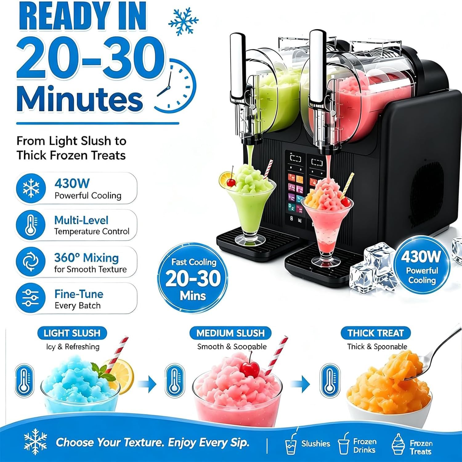 Granizadora 430 W de Doble Depósito 2 x 2 L para Helado Suave Black | Ofrece 7 modos automáticos, textura regulable y pantalla táctil HD con pausa, inicio y bloqueo infantil