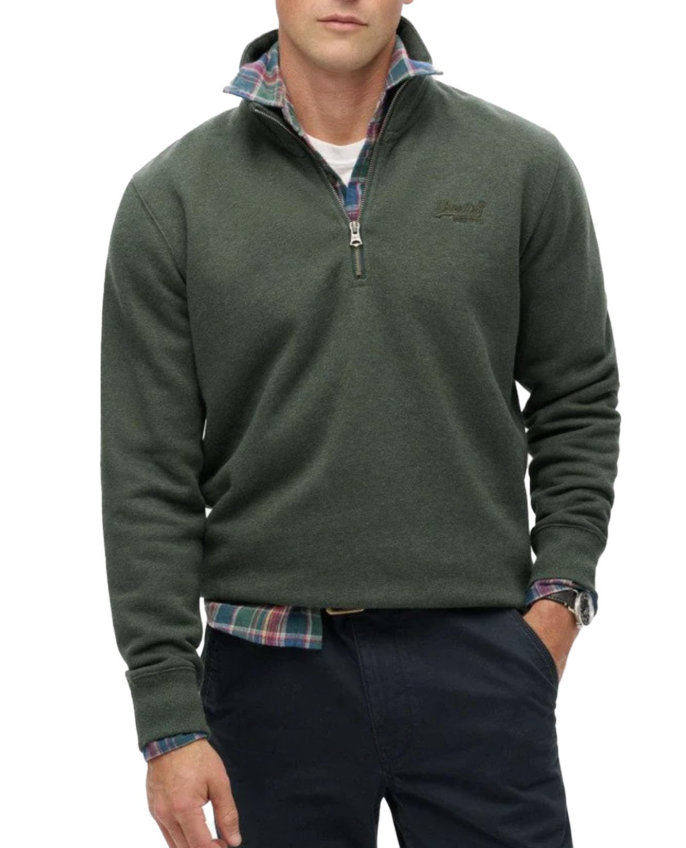 Superdry Mens Essential Logo Henley Half Zip Sweatshirt (UK, Alpha, XXL, Regular, Regular, Deep Forest Green Marl)