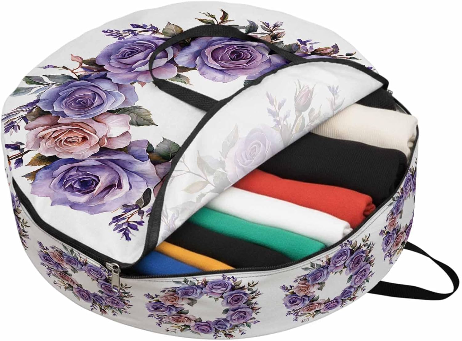 Purple Flower Round Storage Bag 36 Inch, Spring Wreath Blooming Rose Clothes Storage Container with Handles Heavy Duty Organizer for Comforter, Bedding & Holiday Wreaths