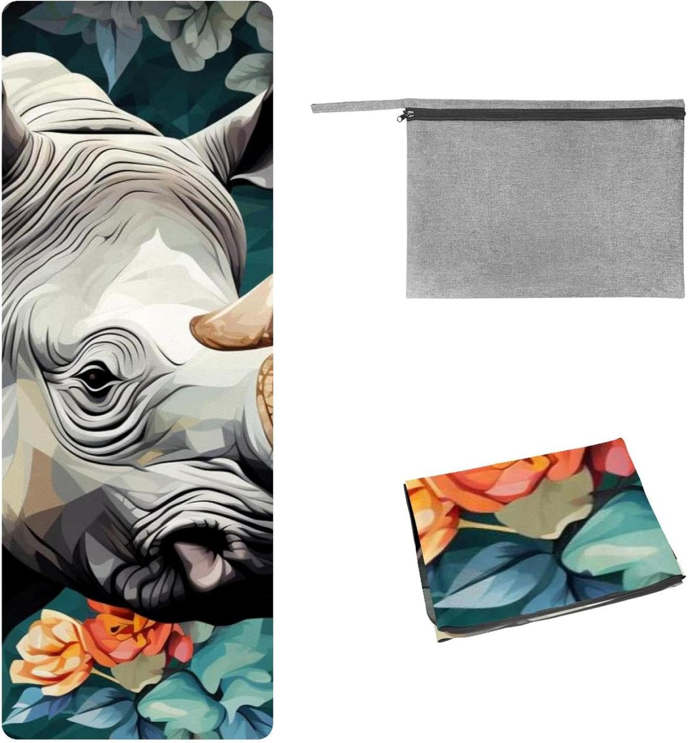 Yoga Towel, Rhino Animal Print Non Slip Sweat Absorbent Hot Yoga Mat Towel for Hot Yoga, Pilates and Fitness - 72.8" x 26.8"