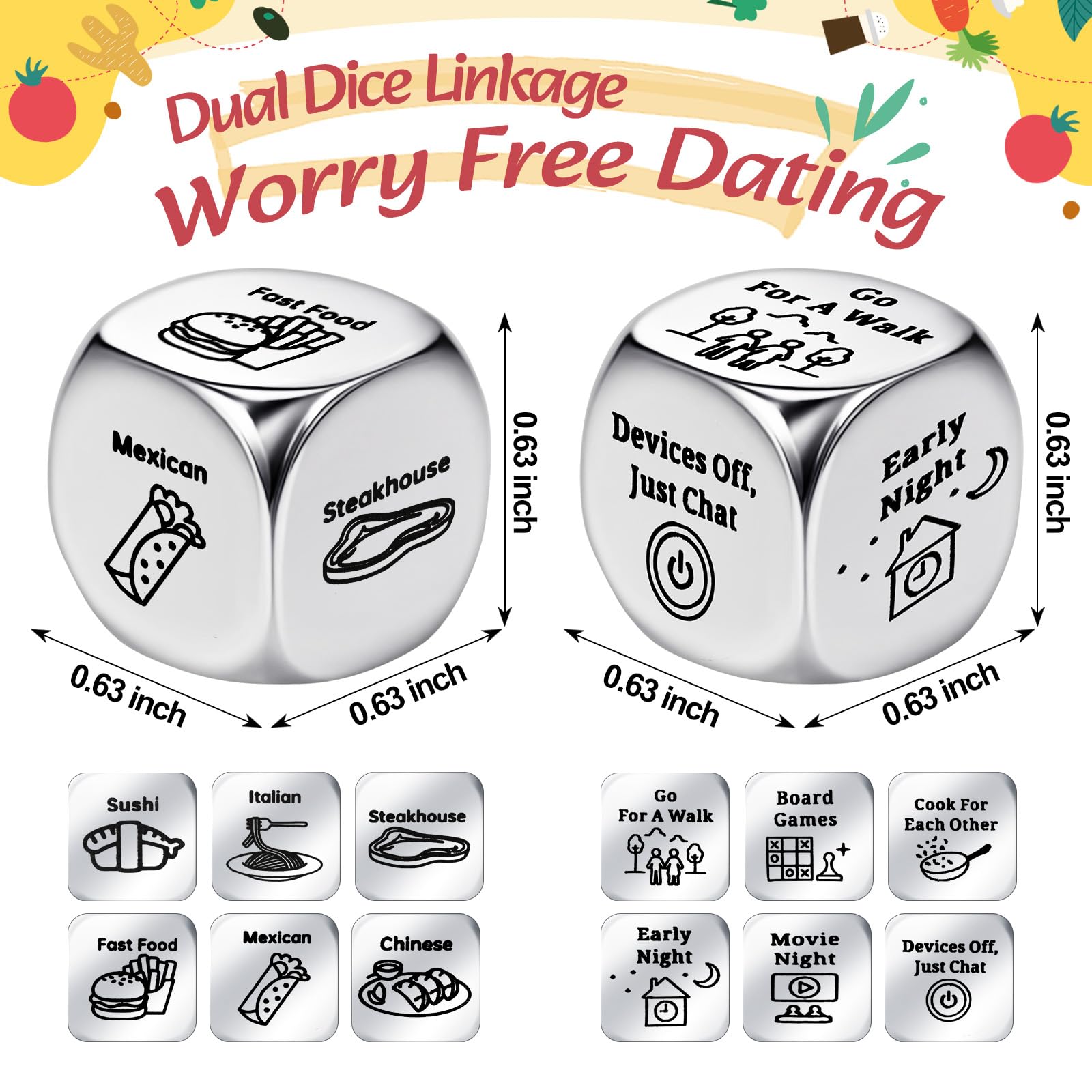 Poen 2 Pcs Food Decision Dice Game Decider Dice Valentines Day Gifts for Couple Anniversary Stainless Steel Dice for Him Her Stocking Stuffers Gifts for Women Men Adults Date Wedding Funny Gifts