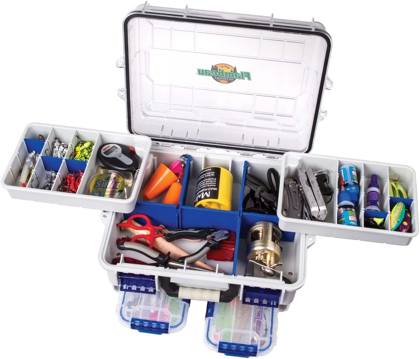 Flambeau Outdoors 3000WPBC Tackle Box - HD Waterproof Tackle Satchel System, Includes 2 Removable WP3012 Ultimate Waterproof Tuff Tainers, Floating Satchel, Fishing Tackle and Gear Storage, Gray/Clear