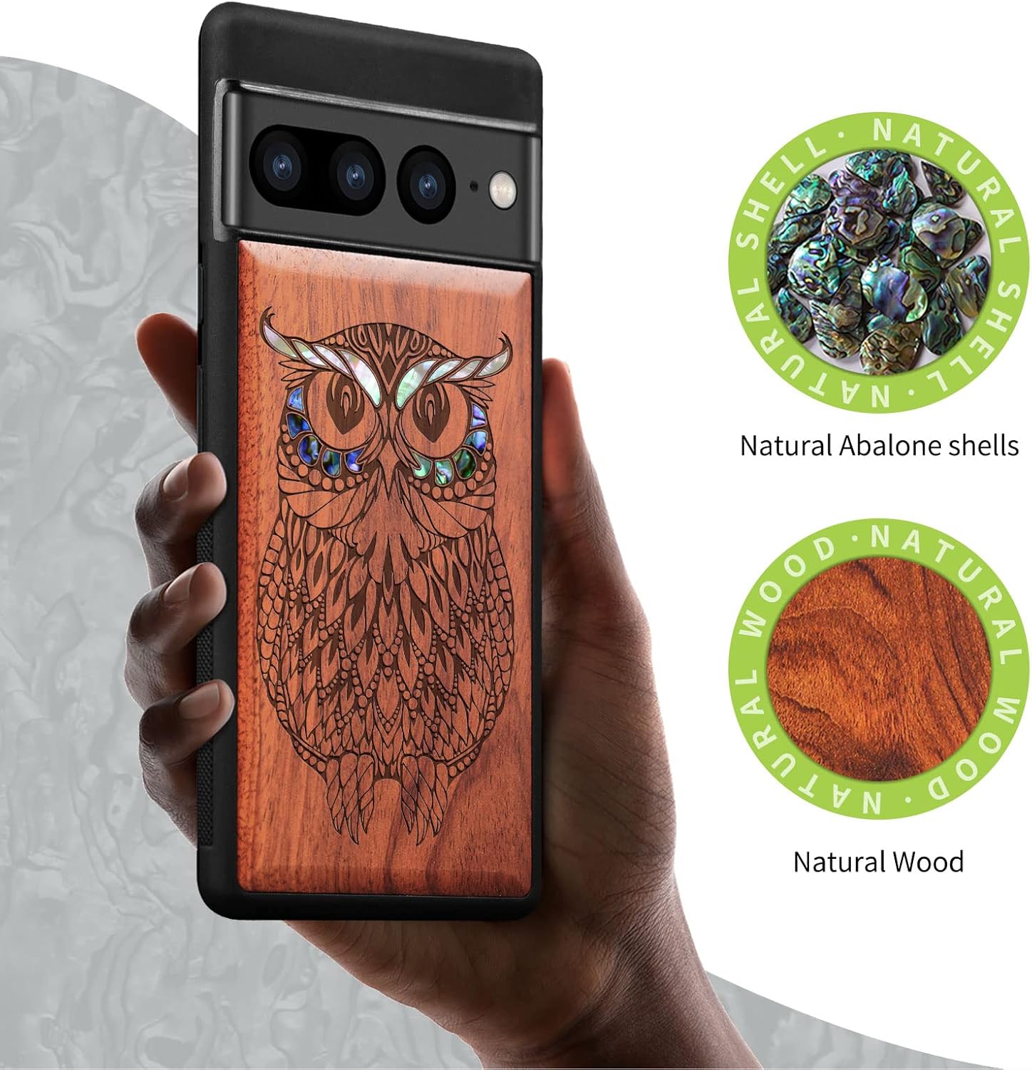 Carveit Designer Wooden Case for Google Pixel 7 Pro Case [Wood Engraving & Shell Inlay] Unique Wood Cover Compatible with Wireless Chargers Pixel 7 Pro (Owl-Rosy)