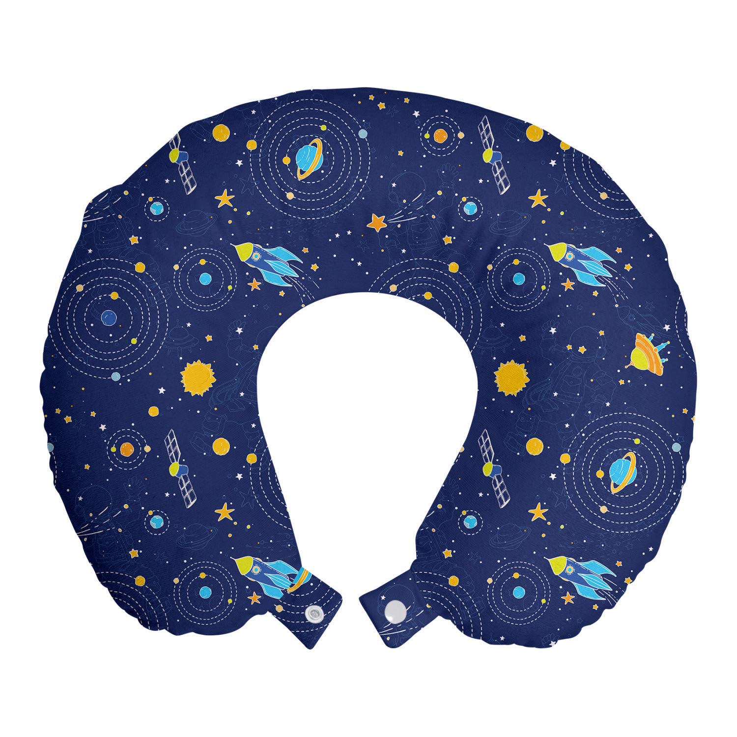 Ambesonne Space Travel Pillow Neck Rest, Galaxy Shooting Stars Planets Spaceship Comet Moon Fantasy, Memory Foam Traveling Accessory for Airplane and Car, 12", Orange Blue
