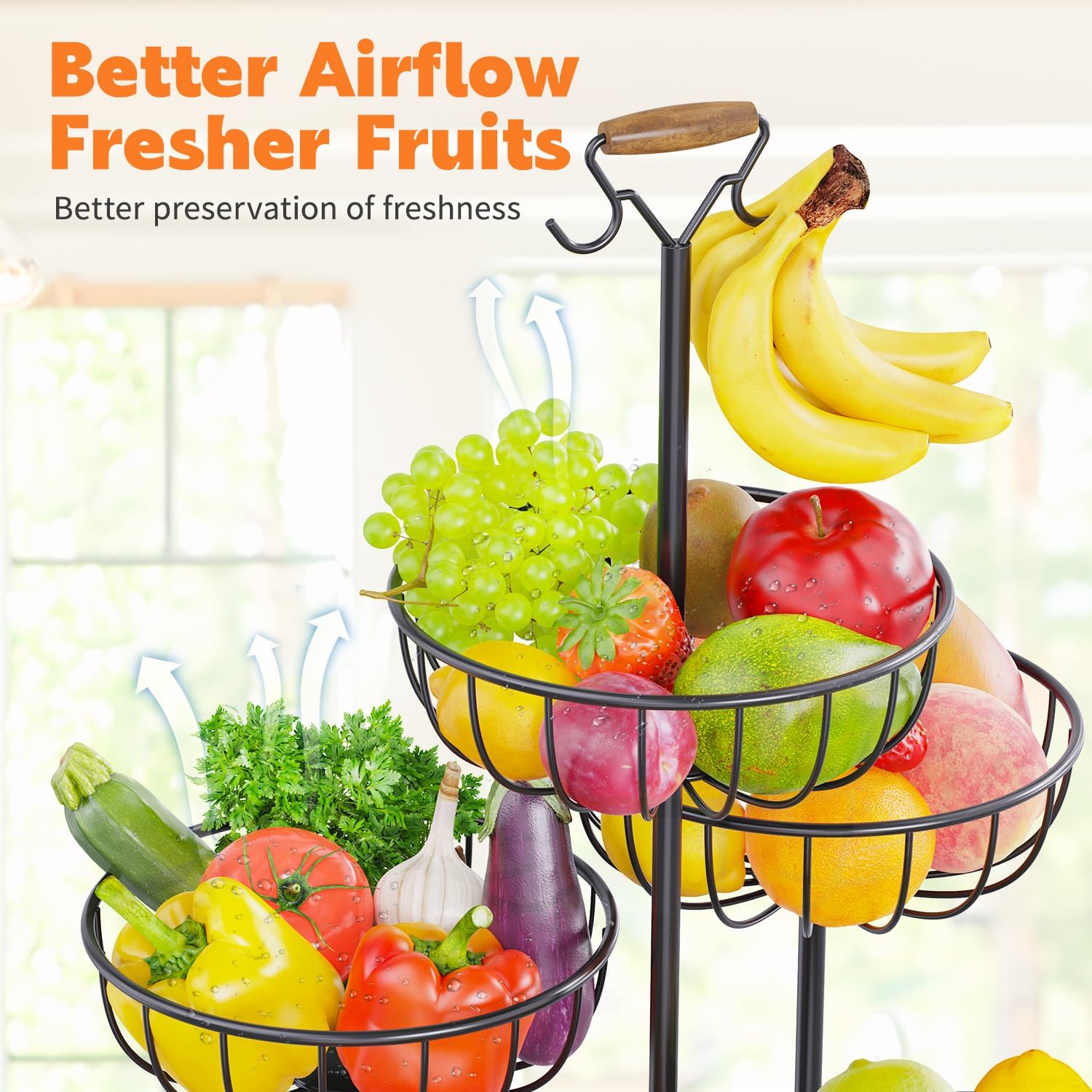 PouHenier.jh 5 Tier Fruit Basket Tower Stand with Banana Hanger for Kitchen Counter, Vegetable Tiered Shelf for Countertop, Tall Standing Produce Holder for Potato, Onion with Stable Base (Black)