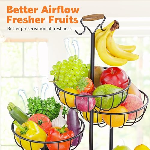 Miniatura 4 de PouHenier.jh Cesta de frutas de 5 niveles para cocina con colgador de plátanos, estante de almacenamiento de verduras de alambre de metal de gran