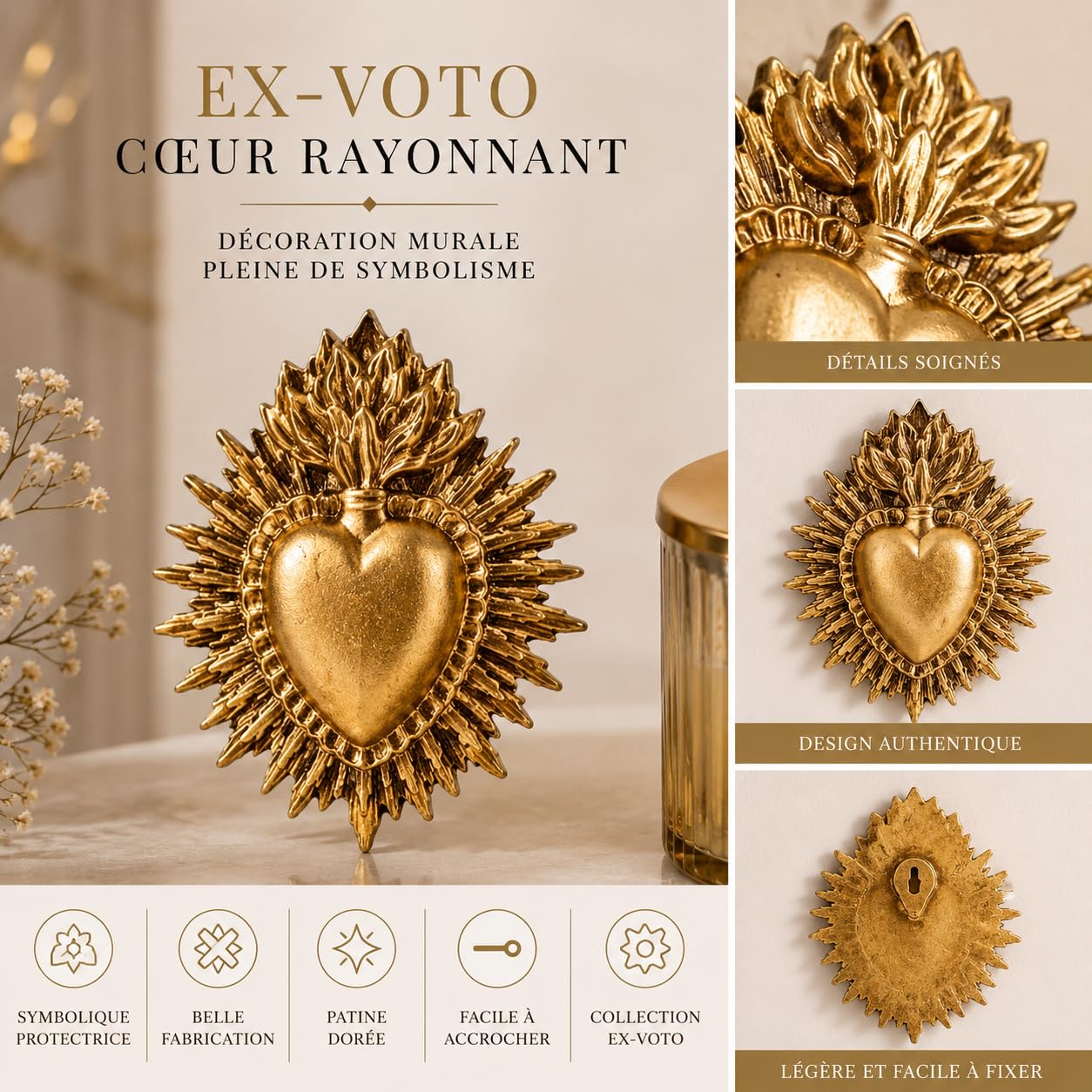 Générique Ex-voto - Decorazione da parete, motivo: cuore radiante, 7,7 x 8,7 cm, colore: oro