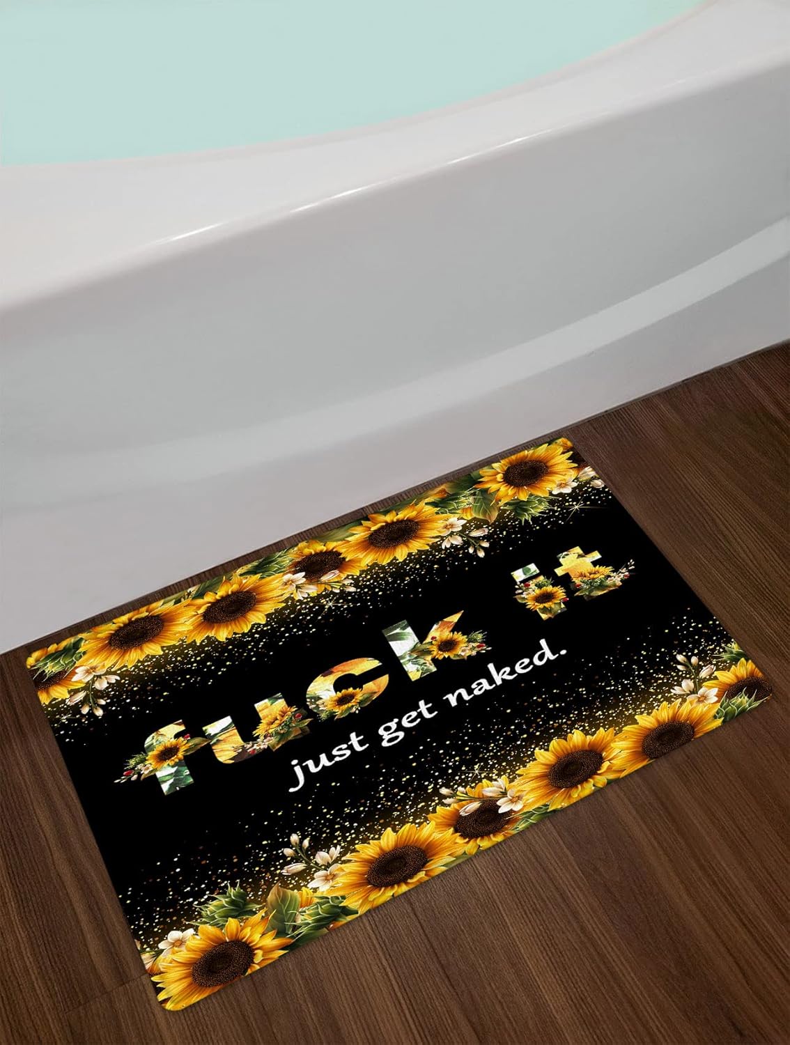 LB Sunflower Fuck It Just Get Naked Shower Curtain Sets with Non-Slip Rugs Rustic Spring Floral Funny Quotes Shower Curtain Set for Bathroom Yellow Flowers with Leaf Bathroom Decor Sets, 60X72 Inch
