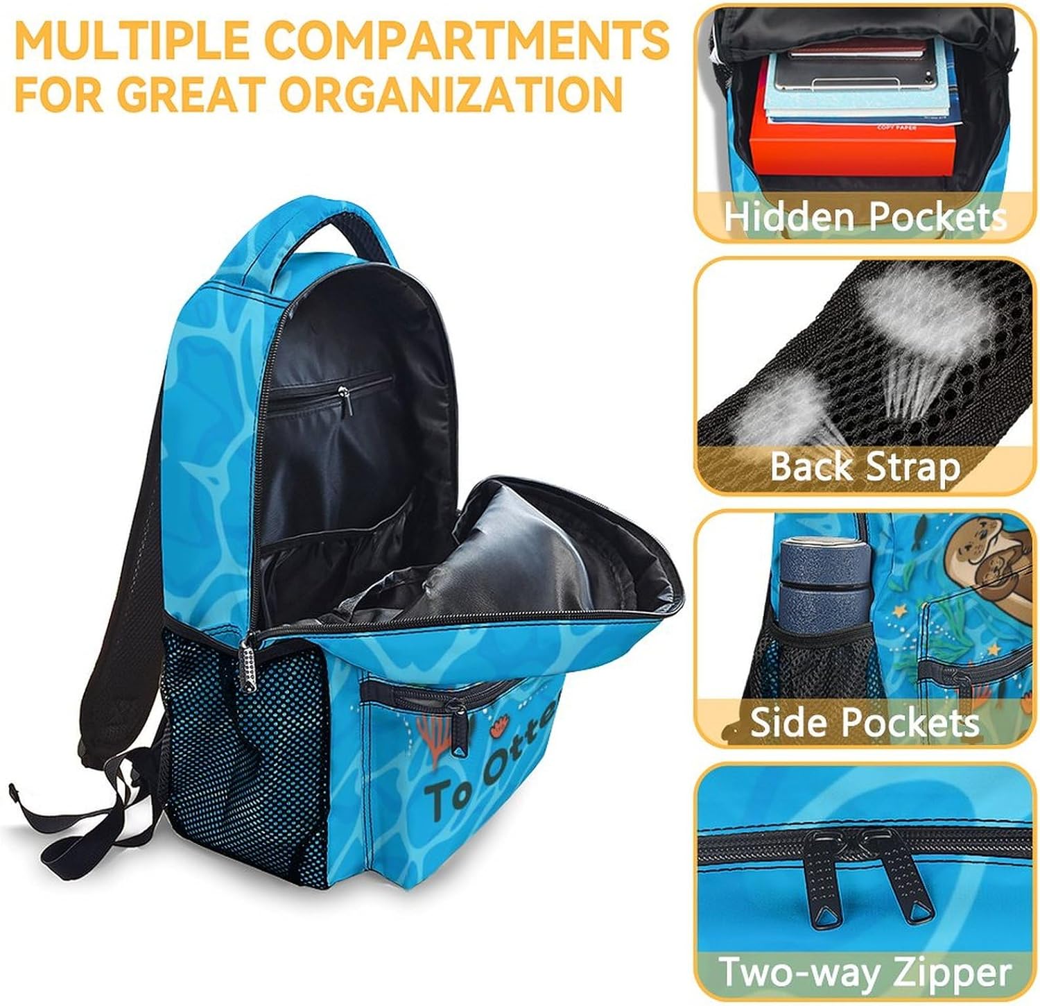 Otter Backpack for Girls & Boys, 16 Inch Blue Backpacks for School, Cute Lightweight Bookbag for Kids