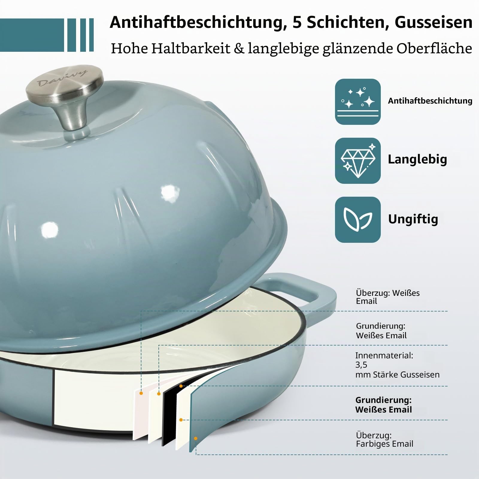 Davivy Gusseisen Topf Brot Backen, 5,35L/25cm Bräter Emaille Schmortopf mit Hochgewölbter Deckel und Griffen, Brotbacktopf mit Gärkorb für Küche Backen, Dutch Oven mit Brotschlinge (Meersalzblau)