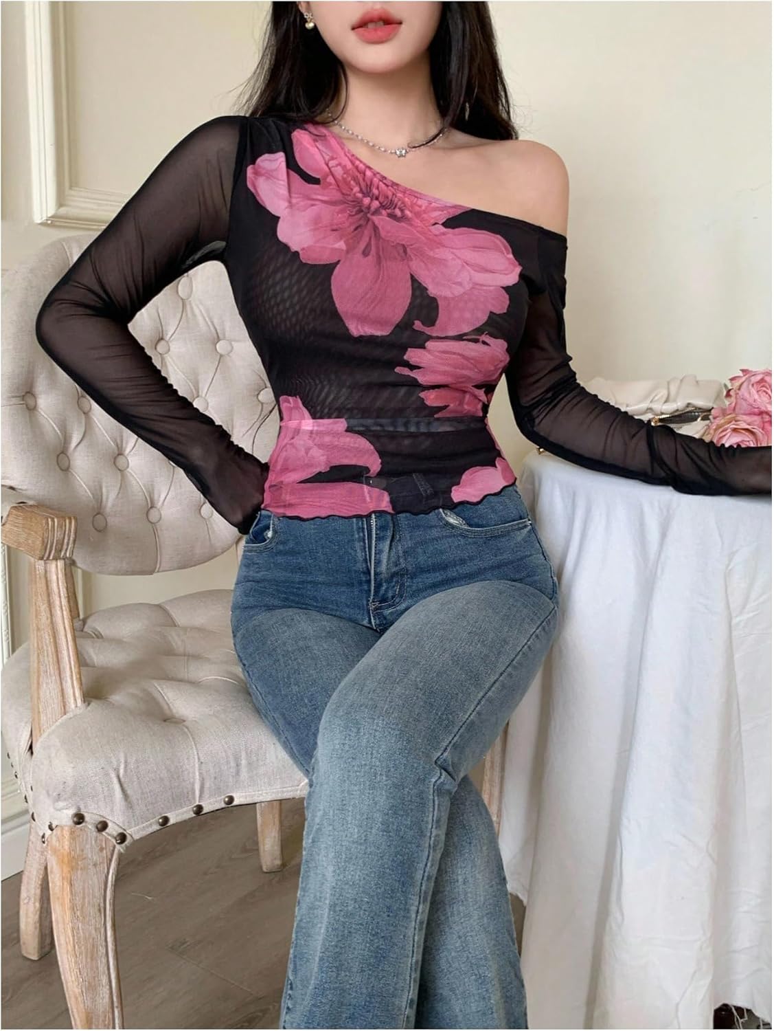 Floerns Women's Floral Off The Shoulder Tops Long Sleeve T Shirts See Through Going Out Tops - Image 5