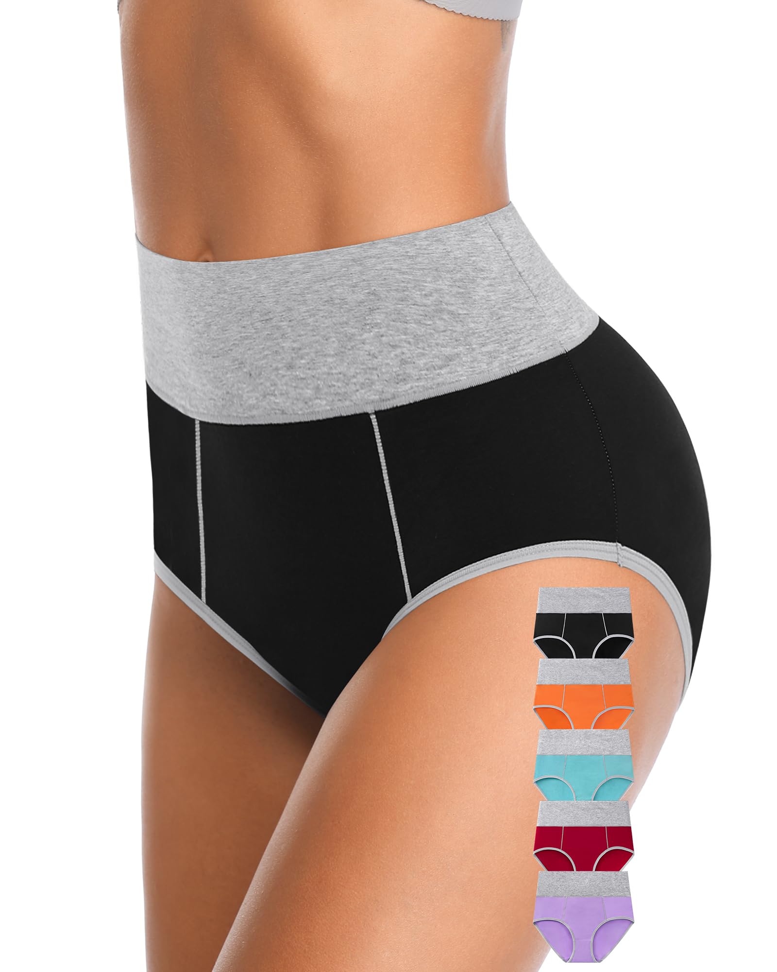 Annenmy High Waisted Stretch Briefs Women's Cotton Underwear Full Coverage Postpartum Panties Tummy Control Underwear 5 Pack