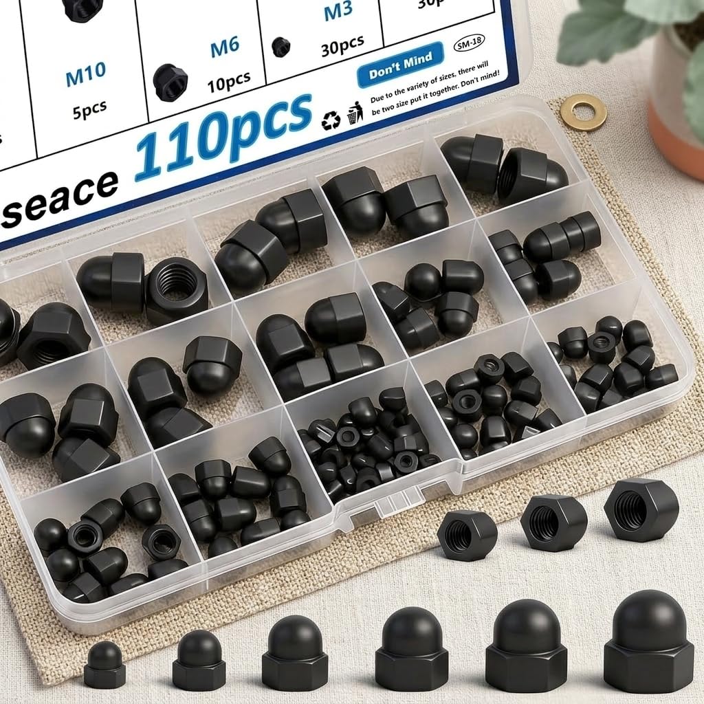 Acorn Cap Nuts Assortment Kit 110 Pcs Black Nylon for Fasteners