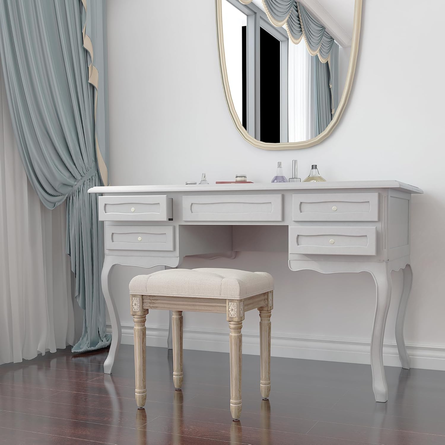 Yusong Vanity Stool Upholstered Bench Seat for Makeup Room, Vintage Small Bedroom Bench Dining Bench with Tufted Fabric for Living Room, Piano Stool with Rustic Wood, Easy Assemble,Beige