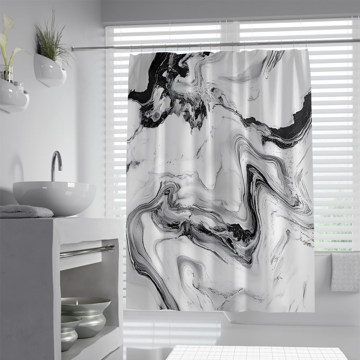 Cortina de Ducha mármol Negro Blanco Gris Tinta fluida 180x220cm