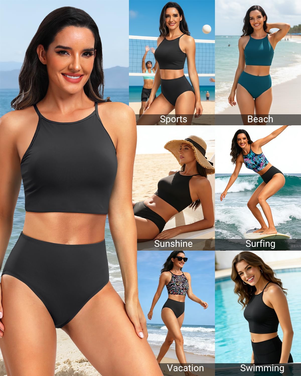 Aqua Eve Women's Sport Bra Bikini Tops Racerback Swimsuit High Neck Bathing Suit Crop Swim Tops Only No Bottom