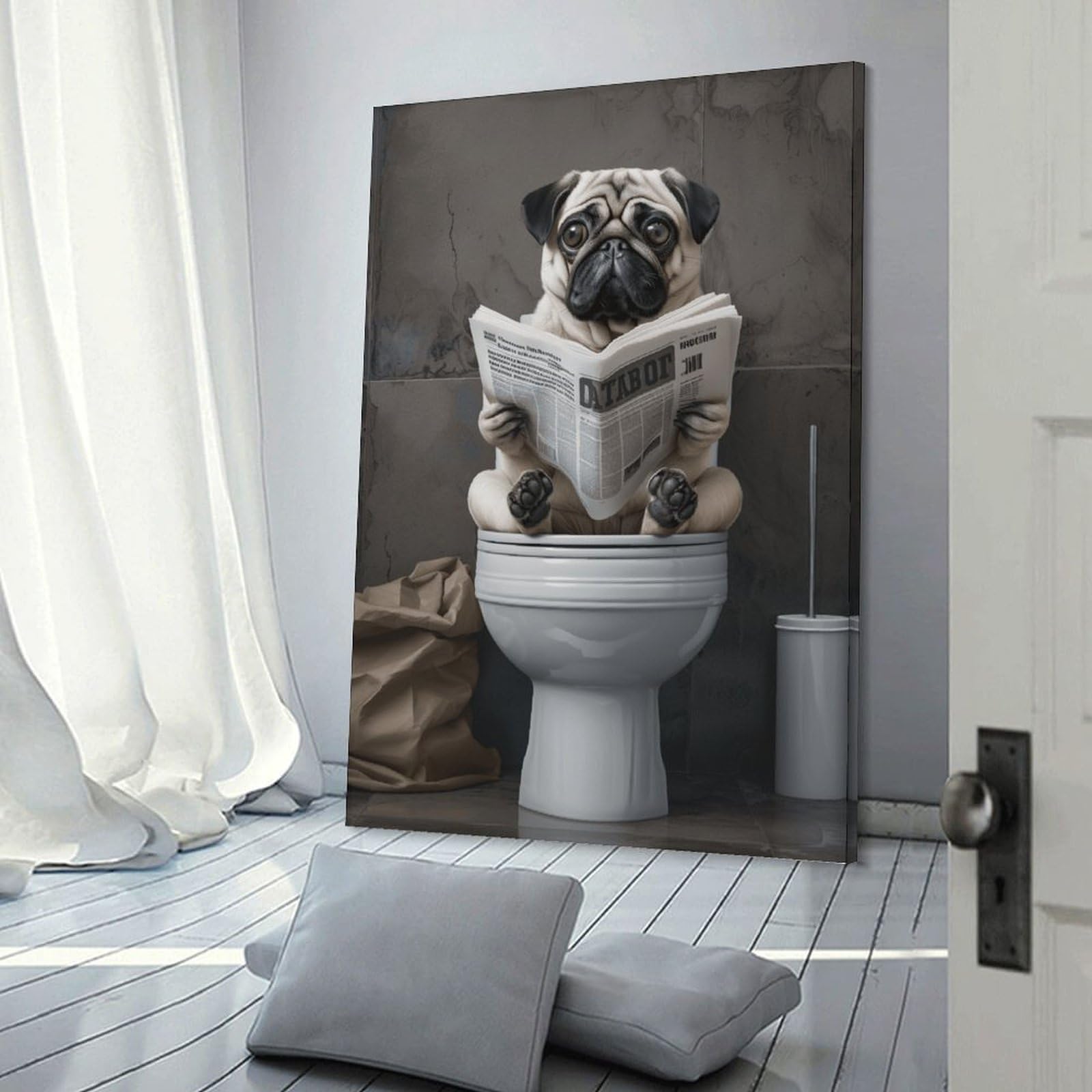 Junmoney Frame-Style-11 Pug Reading Newspaper On Toilet Wall Picture Print, 12X18inch(30X45cm), For New Homes, Bedrooms Or Workspaces, Thoughtful Wall Decor For Art Lovers
