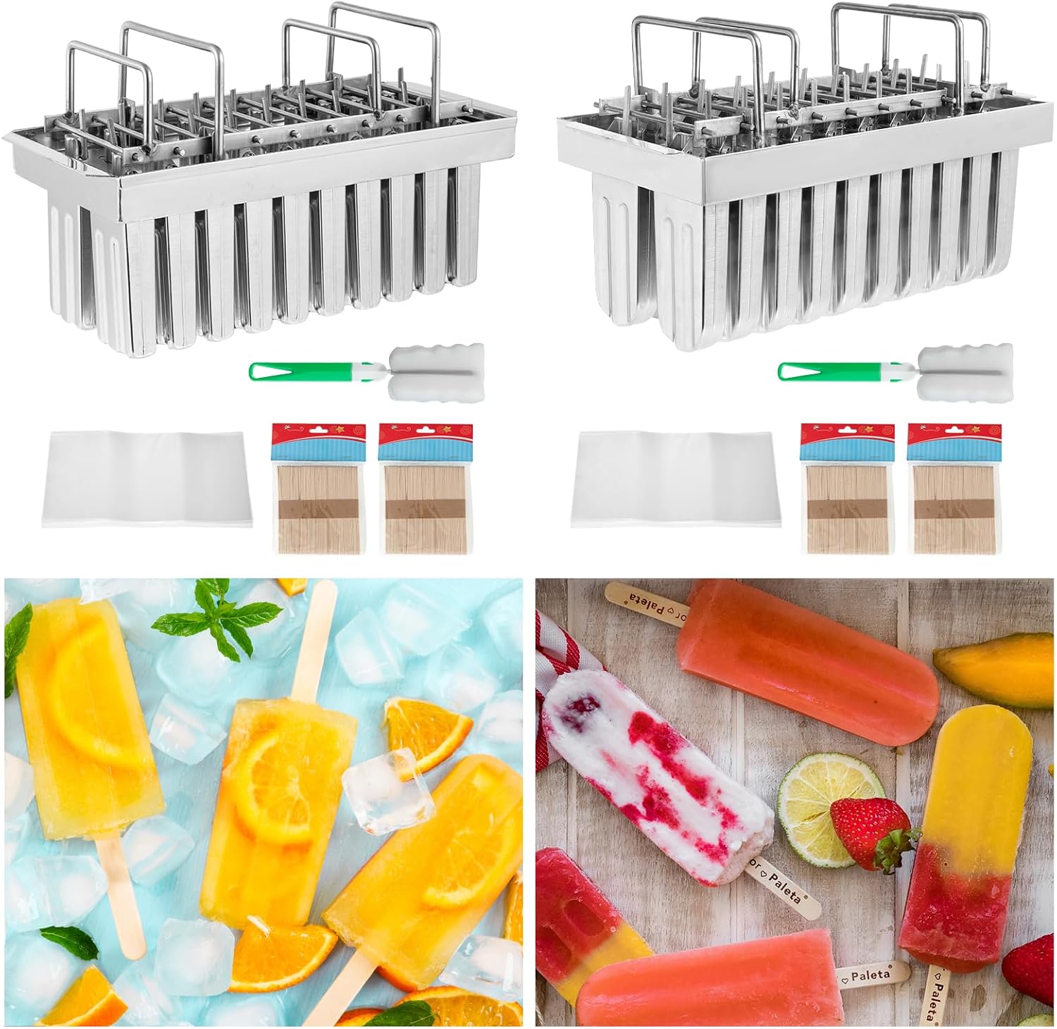 WICHEMI Stainless Steel Popsicle Molds Commercial Ice Pop Molds 20PCS Metal Ice Lolly Popsicle Mold Ice Cream Maker Mold Stick Holder with Lid (Flat Head with Grooved + Round Head with Grooved)