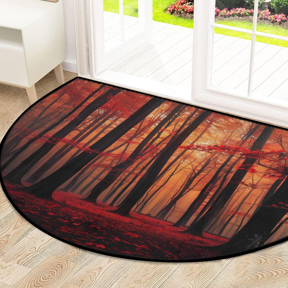 Mexpekil Paillasson demi-lune d'automne en forme de forêt rouge pour intérieur et extérieur, antidérapant, lavable, absorbant, anti-saleté, 100 x 160 cm
