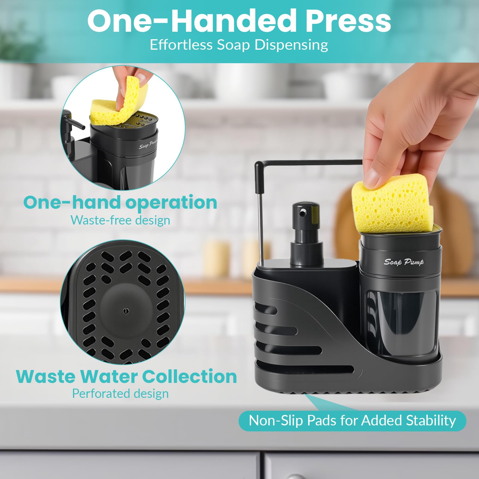 Dispenser di sapone a doppia mano & Dish per lavello da cucina, nero