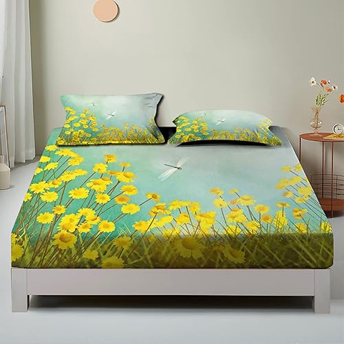 Miniatura 2 de Sábanas bajeras ajustables con temática de libélula, diseño de margaritas y libélulas, juego de ropa de cama decorativo de 2 piezas, ultra suave y