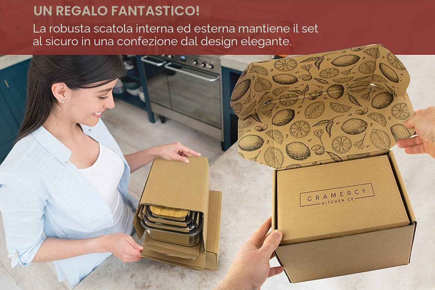 Gramercy Contenitore in Vetro per Alimenti 4x con Coperchio Bambù - Senza BPA, Anti-Perdite