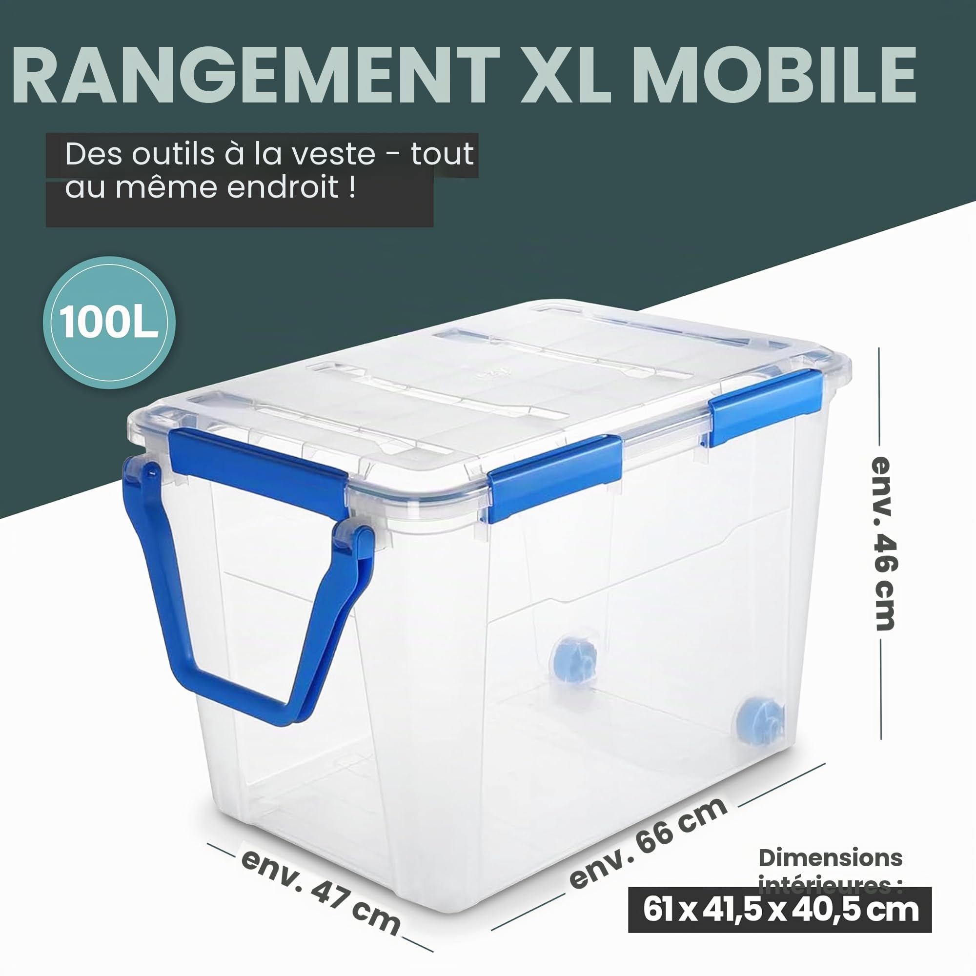 Kreher Boîte de rangement 100 litres avec couvercle, étanche, résistante à la poussière, transparente et empilable, sans BPA et sans substances nocives, boîte en plastique robuste avec joint en