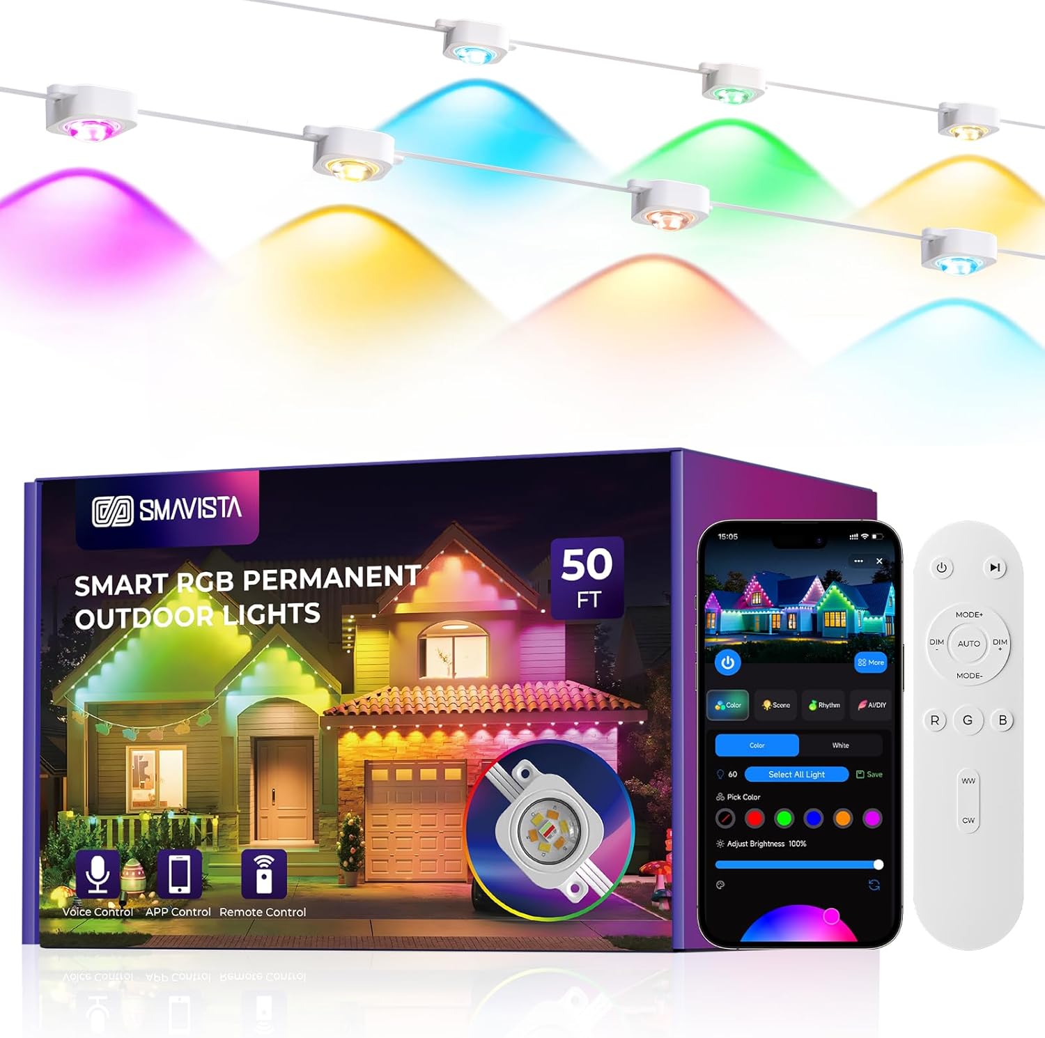 Smart Permanent Outdoor Lights Pro, 50ft 30LED RGB+IC+Warm/Cool White for Daily, 100+ Scene Modes, Waterproof Eaves Light for Halloween Christmas Decor, Works with Alexa, Google Assistant