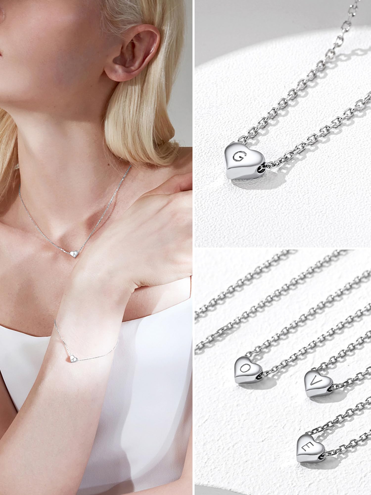 ChicSilver 925 Silber Kette Alphabet 40cm+5cm mit Herzanhänger A-Z 26 Buchstabe Sommer Freundschaftskette Namenskette mit Geschenkbox für Damen und mädchen
