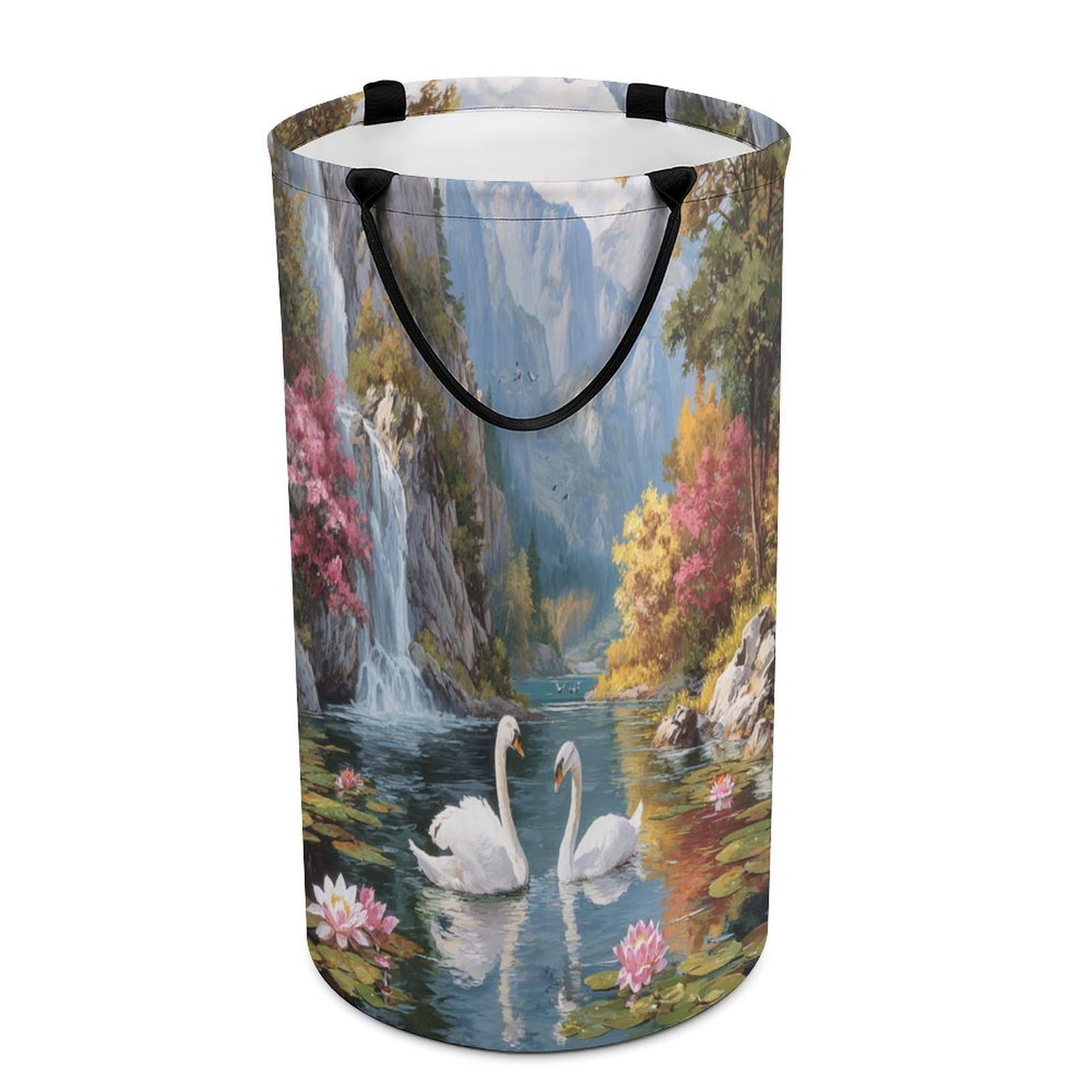 LUYYSKY Elegant Realistic Swans Couple Collapsible Dirty Clothes Basket, Classic Oil Painting Waterfall Lotus Flowers Animal Swan Portable Clothes Storage Basket