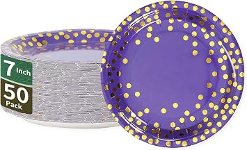 Purple & Gold Dots Party Paper Plates, 50 PCS Disposable Party Supplies Dessert Paper Plates for Birthday,Wedding Birdal Christmas Mardi Gras 7 inches