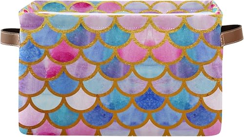 Contenedor rectangular de almacenamiento con escamas de sirena, canasta dorada con asas, organizador para juguetes, libros, cesta de lavandería para