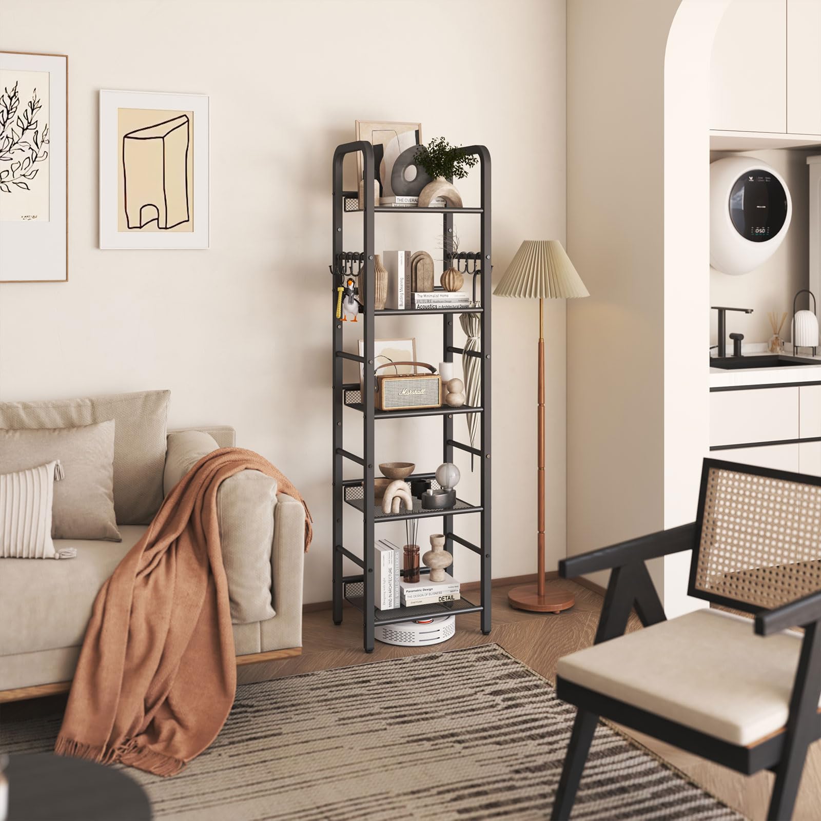 YMYNY Estantería de 5 Niveles, Librería, Biblioteca, Estante de Almacenamiento, con Gancho en S de 8 Piezas, Marco Metálico, Estilo Minimalista, para Sala de Estar, Oficina, Baño, Negro HBC055B