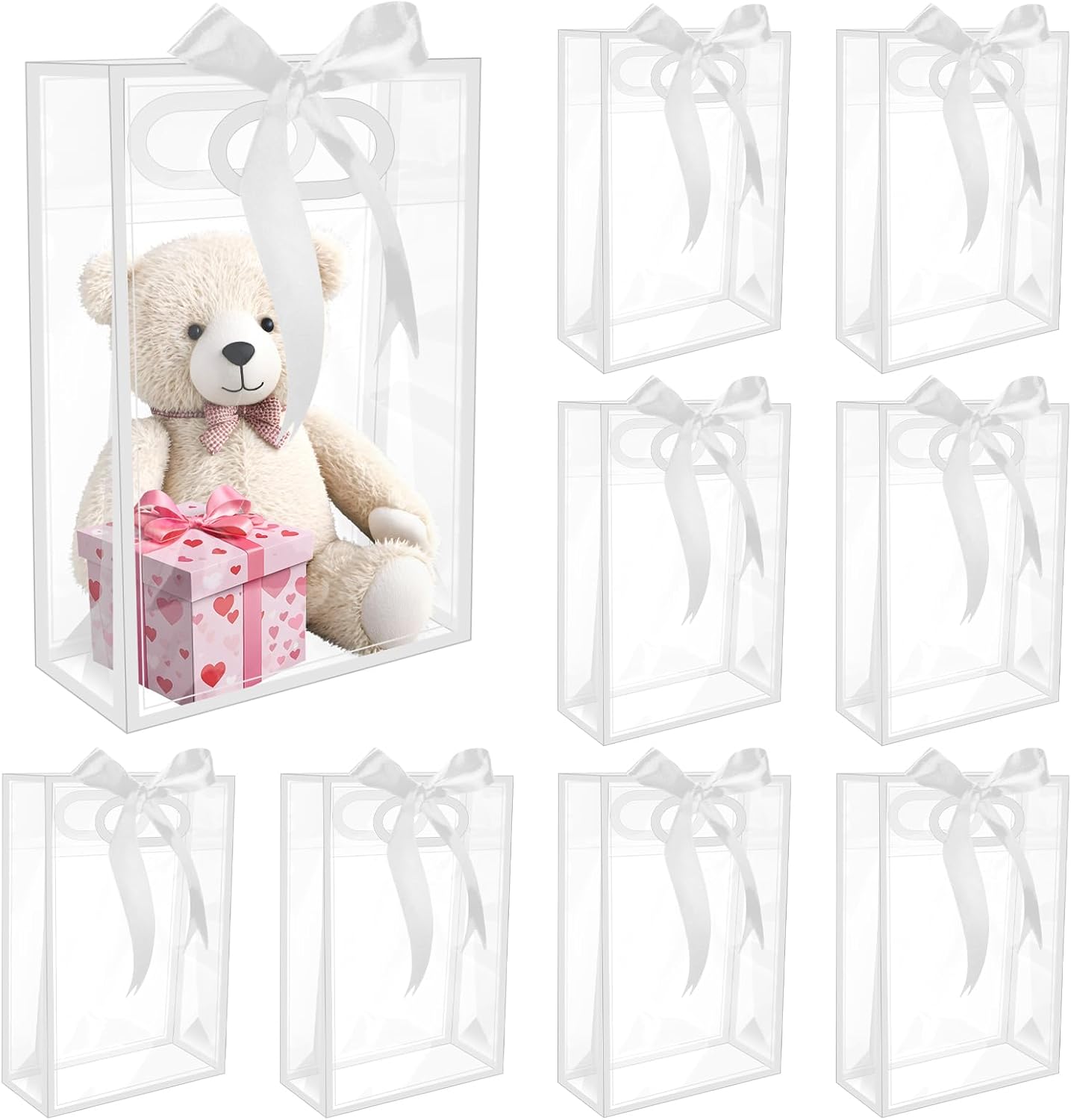 BadenBach 10 PCS Clear Gift Bags with Handles,7.1"x10.2"x3.2", Reusable Plastic Clear Party Favor Bags with Ribbon Transparent Plastic Gift Bags for Bridal Wedding Birthday Valentine's Day,White