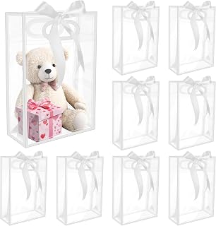 BadenBach 10 PCS Clear Gift Bags with Handles,7.1"x10.2"x3.2", Reusable Plastic Clear Party Favor Bags with Ribbon Transparent Plastic Gift Bags for Bridal Wedding Birthday Festival,White