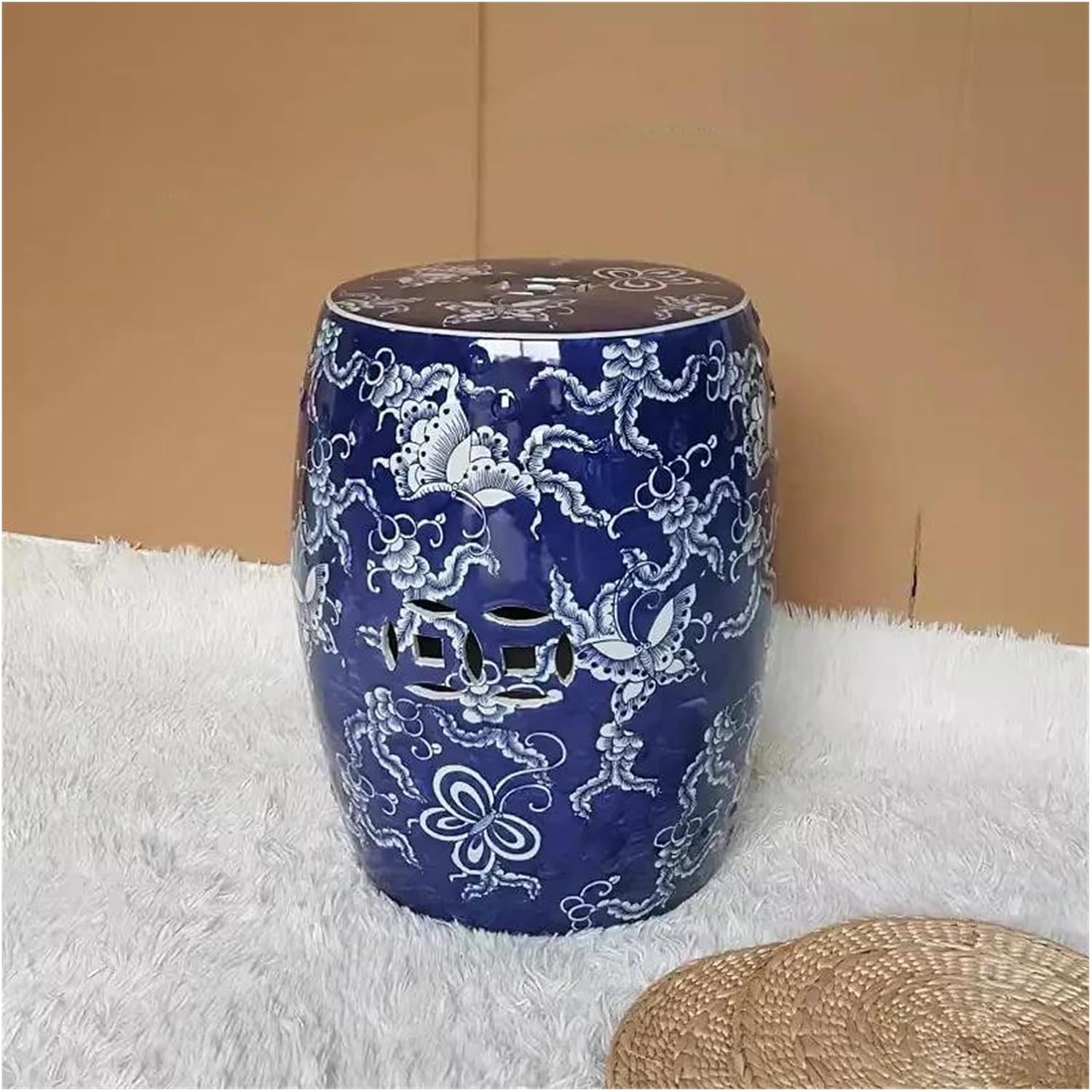 Decorative Garden Stools, Chinese Antique Blue and White Ceramic Phoenix Rich Peony Drum(B)