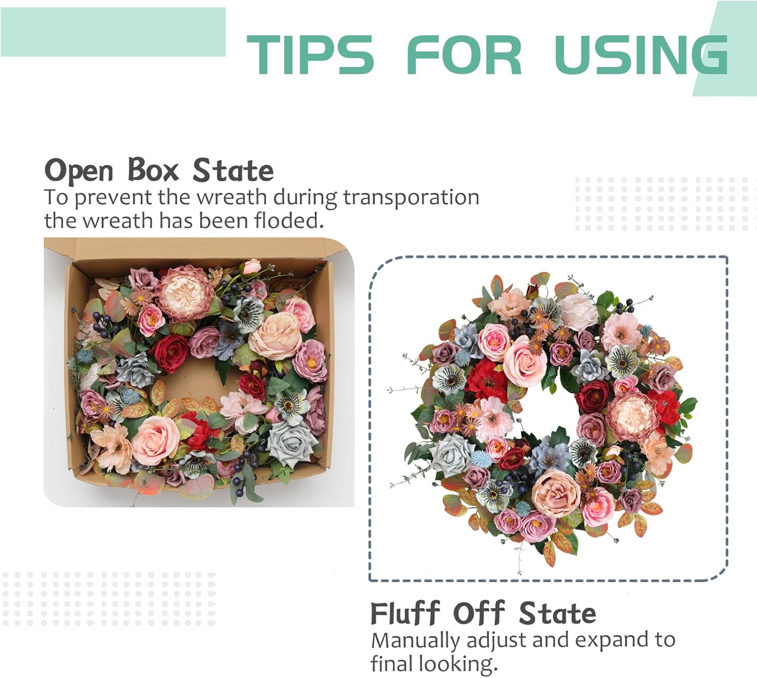 22 Inches Spring Summer Everyday Flower Wreath for Front Door, Artificial Roses Peony Wild Flowers Wreath for Indoor Outdoor, Green Leaves Floral for Home Decor