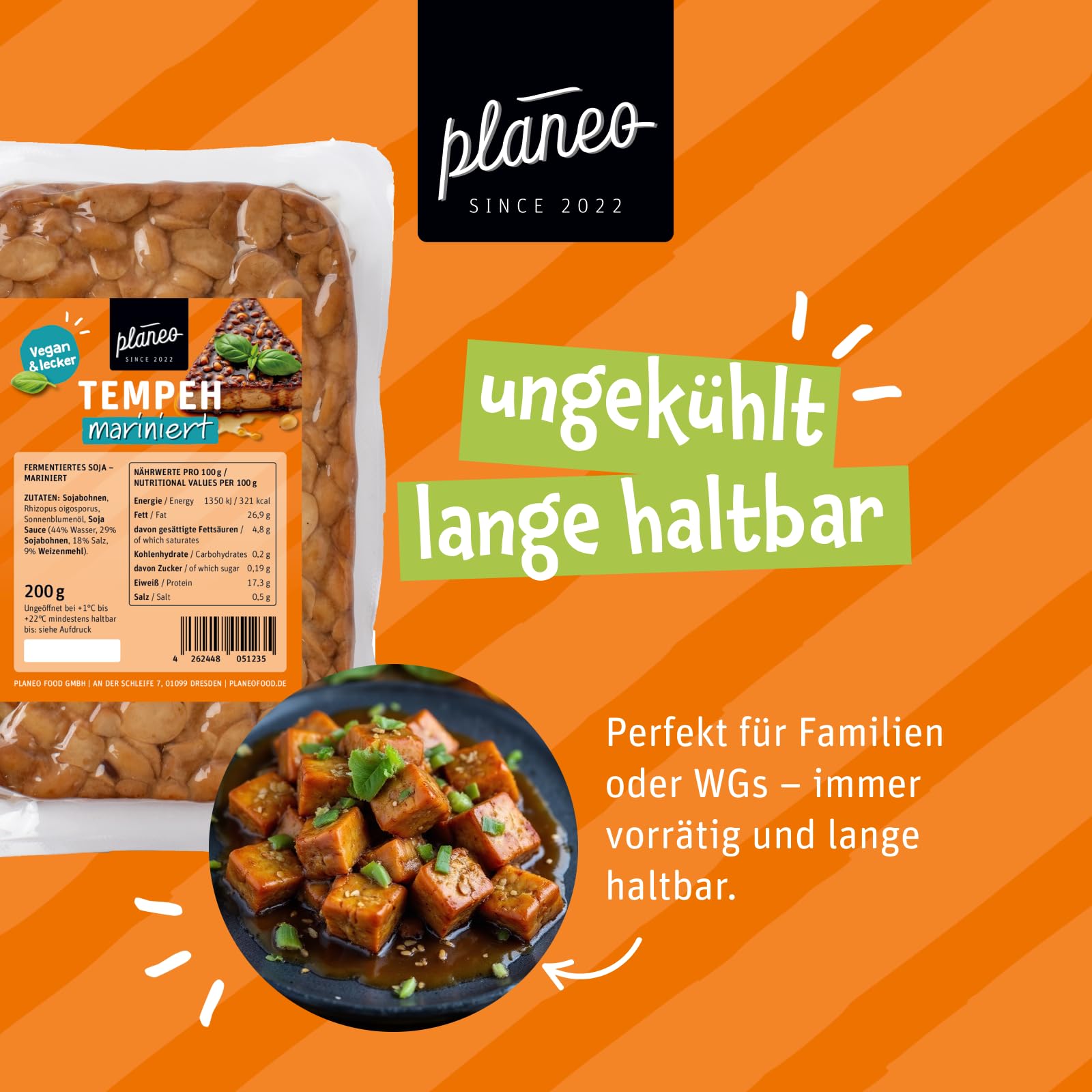 Planeo Tempeh Marninert 3x200g - Beste Qualität - Lange, ungekühlt haltbar - fein gewürzt - Soja aus der EU - Planeo (3 x 200g)