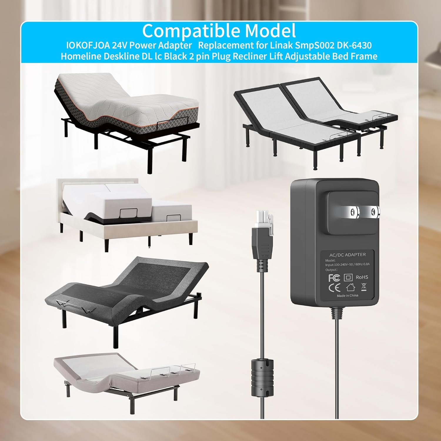 24V Power Cord for Linak SMPS002 Homeline Deskline Adjustable Bed Base, Compatible with Leggett & Platt and Beautyrest Adjustable Bed Frame AC Adapter Power Supply