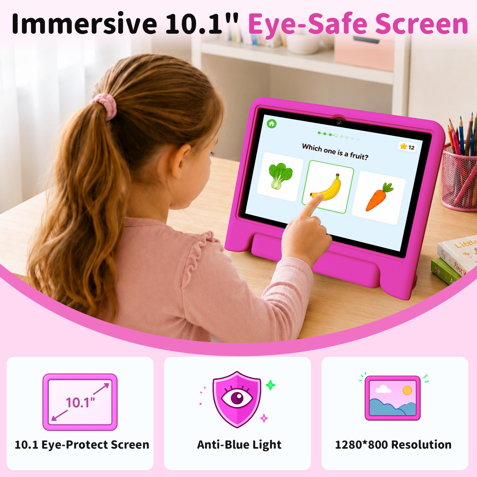 Tablet Android 14 per bambini, tablet da 10,1 pollici aggiornati 2025 con processore Octa-core, batteria da 6000 mAh, spazio per bambini, controllo parentale, app per bambini precaricate, doppio WiFi