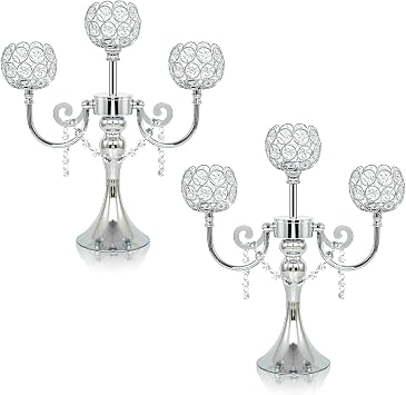 3-Arm Metal Candelabra with Crystal Bowls, Tealight Holder Centerpiece for Birthday, Dining Table, Party Decor, Christmas and Home Decoration 2, Silver