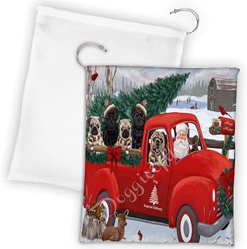 Doggie of the Day Christmas Santa Express Delivery Red Truck Pug Dogs Drawstring Laundry or Gift Bag LGB48330