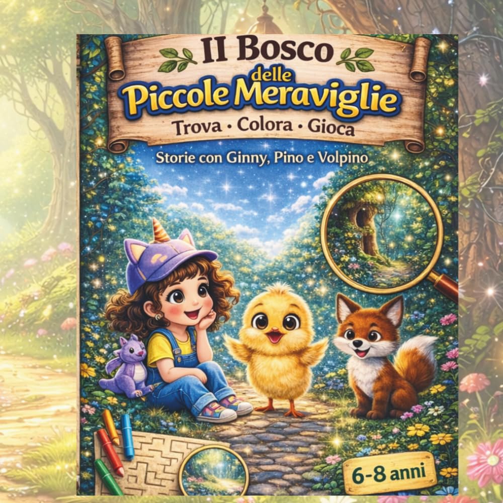 Il Bosco delle Piccole Meraviglie: Libro di attività per bambini 6-8 anni: giochi, colora, trova e divertiti con Ginny, Pino e Volpino.
