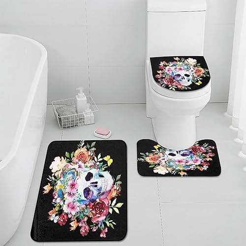 Miniatura 5 de Pamnest Juego de 4 cortinas de ducha, diseño bohemio de flores Sakura de calavera, impermeables, con alfombras antideslizantes, tapa de inodoro y