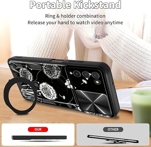 Vista 326 de Funda para Samsung Galaxy A13 5G con cubierta deslizante para lente de cámara y anillo giratorio de 360 grados, soporte híbrido de doble capa Flores