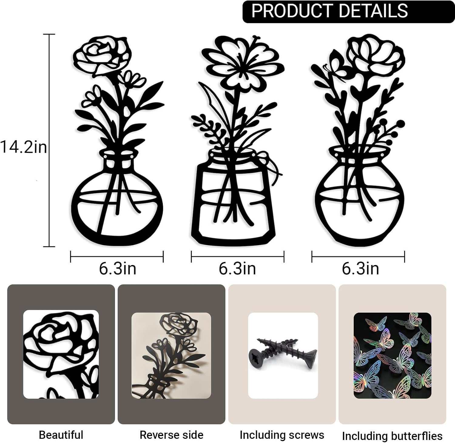 3Pcs Metal Flower Wall Art - Rustic Farmhouse Decor Minimalist Flower Wall Decors，Wall Decor for Living Room Bedroom Bathroom Dining Room Hallway -Housewarming Gift (Black) image 2