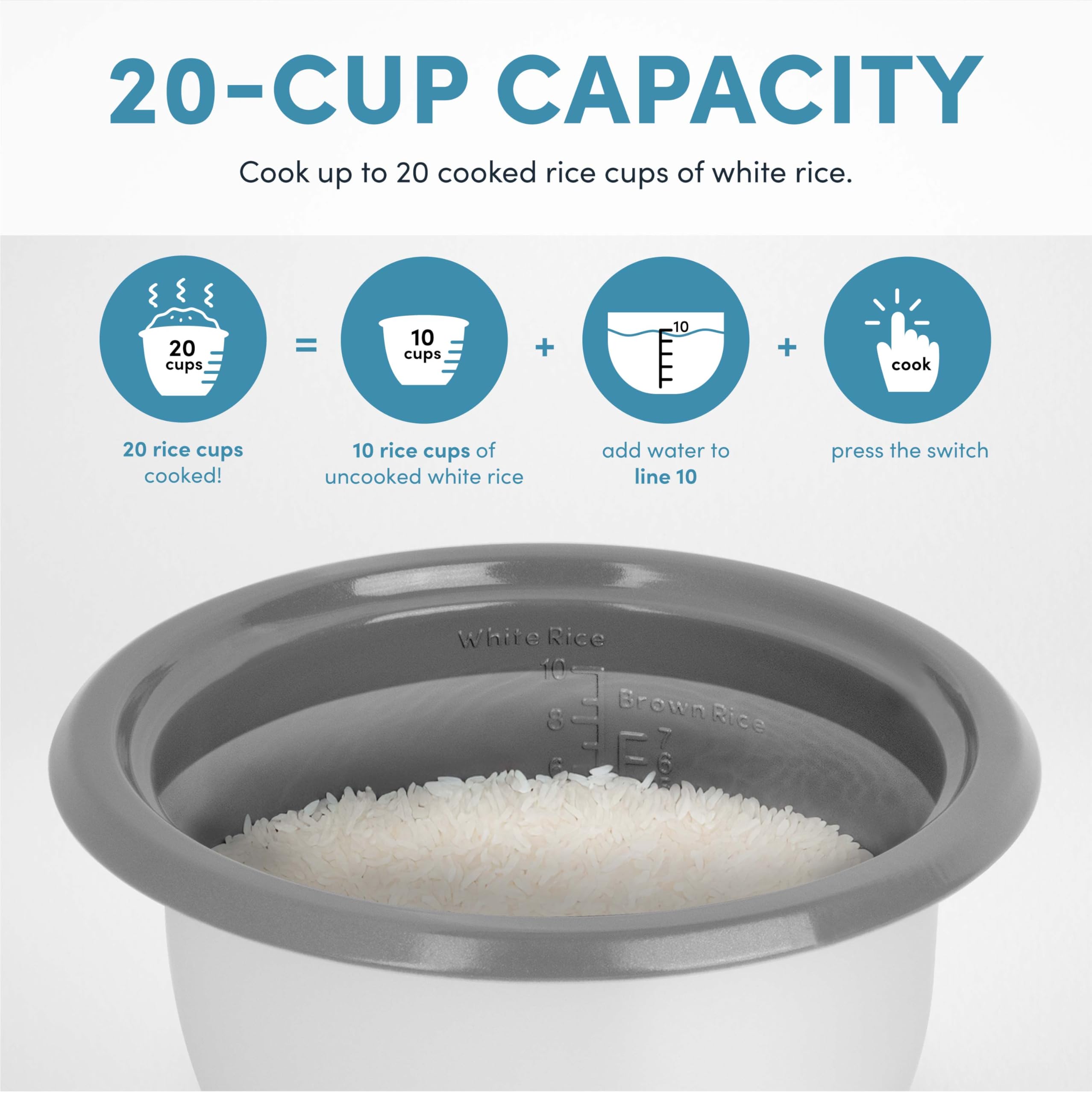 AROMA® 20 tazas (cocida) olla de arroz con un toque y vapor de alimentos con calentamiento automático | 10 tazas sin cocer, 20 tazas cocidas (ARC-390NGP)