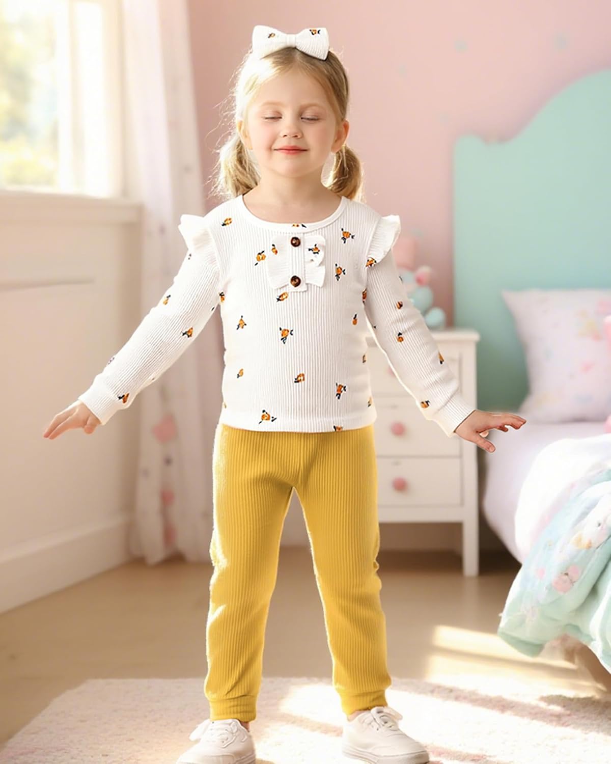 Mioglrie Baby Toddler Girl Clothes Infant Fall Winter Outfits Cute Floral Top Pant Set 3 6 9 12 18 24 Months 2T 3T 3-6 Months Yellow image 3 of 6 B0D9S1Q55K