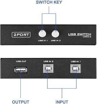 EEEKit 2 Port USB 2.0 Manual Sharing Switch Hub, Printer Scanner Splitter Adapter with 2 Pack USB A to B Cables