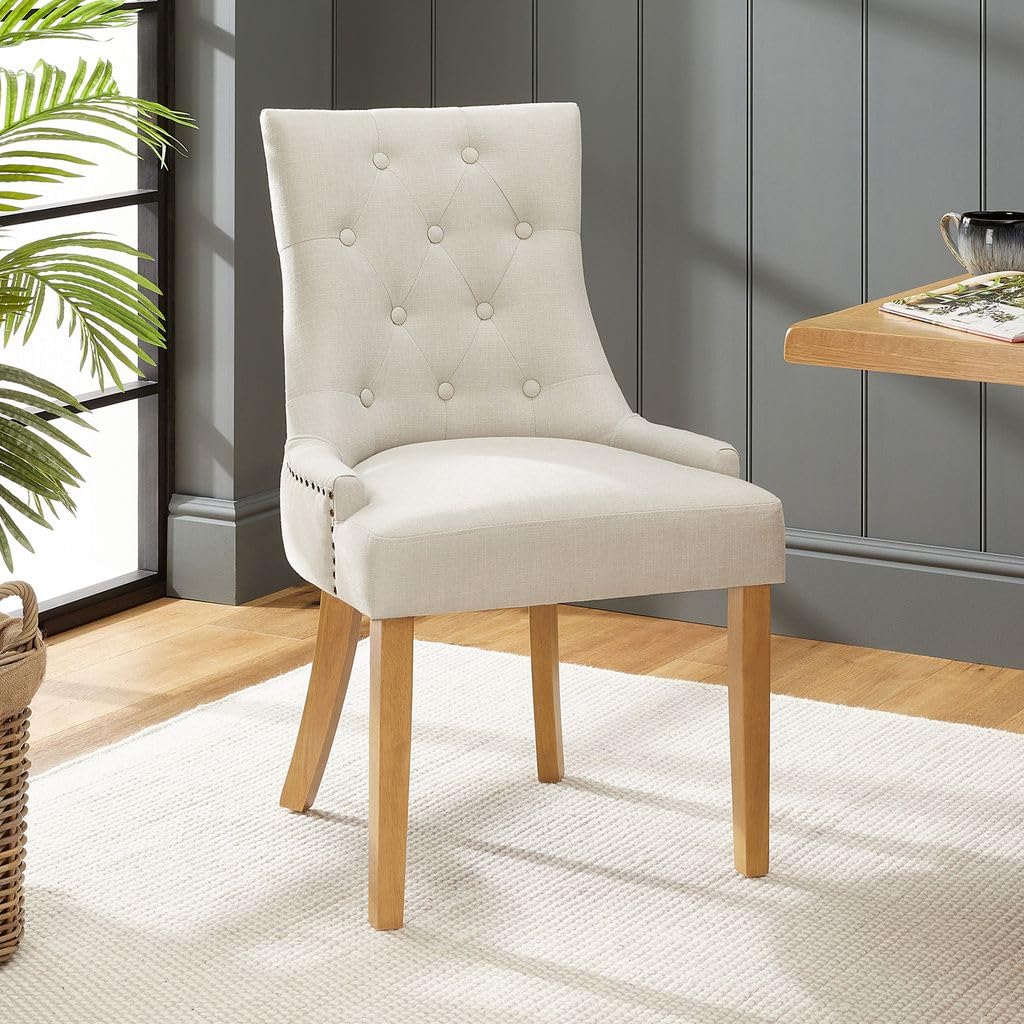 The Furniture Market Luxury Natural Linen Fabric Scoop Back Dining Chair | Button Quilted Upholstery | Stud Detailing | Sprung & Webbed Seat | H 920 x W 560 x D 610mm